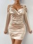 Contrast Guipure Lace Cold Shoulder Dress Elegant Surplice Neck Long Sleeve Ruched Sheath Dress Women's Clothing