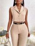 Solid Color Elegant Pantsuits Button Front Lapel Collar Crop Sleeveless Blazer & High Waist Pants Outfits Women's Clothing
