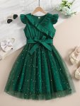 Girls' Elegant V-neck Sleeveless Dress With Ruffle Design And Starry Tulle Overlay Casual Summer Outfit With Belt For Youth - Gr