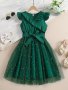 Girls' Elegant V-Neck Sleeveless Dress With Ruffle Design And Starry Tulle Overlay Casual Summer Outfit With Belt For Youth - Green
