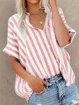Stripe Print Button Front Blouse Casual Short Batwing Sleeve Top For Spring & Summer Women's Clothing