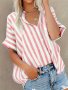 Stripe Print Button Front Blouse Casual Short Batwing Sleeve Top For Spring & Summer Women's Clothing