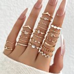 23PCS/SET Simple Plain Circle Stacking Ring Rhinestone Moon Star White Drip Oil Ring Geometric Wave Multi-piece Rings