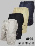 4PCS Men's Mixed Colors Loose Fit Elastic Waist Cargo Shorts With Side Pockets For Summer Outdoor Leisure And Work