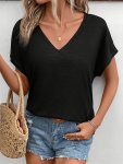 V Neck Loose Solid Casual T-Shirt Short Sleeve Top For Spring & Summer Women's Clothing