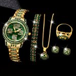 6PCS Luxury Rhinestone Quartz Watch & Jewelry Set For Women - Fashionable Green Dial Zinc Alloy Band Includes Bracelet Necklace 