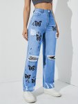 Bleach Wash Ripped Detail Butterfly Jeans Star Print Distressed High Rise Mom Jeans Women's Denim Jeans & Clothing