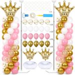 2 Sets Princess Party Balloon Column Stand Kit With 102 Crown Foil Balloons 5.57FT Adjustable Balloon Tower Stand With Base Pink