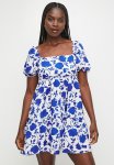 Puff Sleeve MINI Fit & Fllare Dress - Blue Elementary Painted Floral Aop