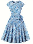 Floral Print Crew Neck Dress Vintage Short Sleeve Belted Dress For Spring & Summer Women's Clothing