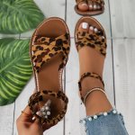 Women's Leopard Print Flat Sandals Casual Open Toe Summer Shoes Lightweight Ankle Strap Sandals