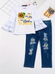 Girls 2PCS Letter Print Flare Sleeve Pullover + Denim Jeans Kids Gift Christmas Halloween