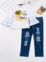 Girls 2pcs Letter Print Flare Sleeve Pullover + Denim Jeans Kids Gift Christmas Halloween