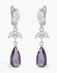 Silver Purple Cubic Zirconia Floral Pear Drop Earrings