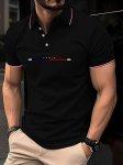 Paris Letter Print Men's Short Sleeve Lapel Golf T-Shirt Casual Business Tennis Tees Summer Trendy Breathable & Comfortable Top