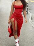 Drawstring Bodycon Cami Dress Sexy Split Spaghetti Strap Dress Women's Clothing