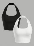 2PCS Solid Color Halter Neck Top Casual Backless Crop Top For Spring & Summer Women's Clothing