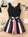 2PCS Girls Trendy Suit Solid Notch V-neck Tank Top + Striped Shorts With Belt Summer Clothes