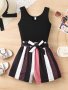 2pcs Girls Trendy Suit Solid Notch V-Neck Tank Top + Striped Shorts With Belt Summer Clothes