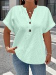 Plus Size Eyelet Solid Button Front V Neck T-Shirt Short Sleeve Casual Top For Spring & Summer Women's Plus Size Clothing