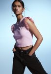 Flutter-sleeved Ribbed Top - Pink