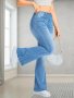 Light Blue Casual Bootcut Jeans Mid-stretch Slant Pockets High Waist Denim Pants Women's Denim Jeans & Clothing