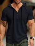 Men's Trendy Solid Colour Henley Hoodies Comfy Casual Breathable Short Sleeve Tops Men's Clothing