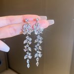 Leaf Shape Crystal Long Tassel Elegant Earrings Wedding Bridal Earrings For Women