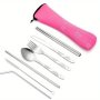 7-PIECE Stainless Steel Travel Cutlery Set: Spoon Fork Knife Straws And Utensils For Restaurants And Outdoor Dining