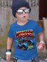 Trendy Cute Boy's Summer Top - Monster Truck Jam Cartoon Print Short Sleeve Crew Neck T-Shirt - Casual Outing Tee Gift