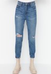 Ripped High Waist Mom Jeans - Blue