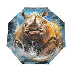 Kaaviyo Watercolor Art Rhinoceros Umbrella Windproof Automatic Foldable Umbrells Auto Open Close For Men Women Kids