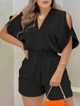 Solid Color V-neck Romper Elegant Cold Shoulder Short Sleeve Cinched Waist Romper Jumpsuit For Spring & Summer Women's Clothing