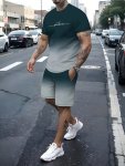 Men's Stylish Casual Crew Neck Sweatsuit Set - 100% Polyester Short Sleeve Two-tone Design Slight Stretch Printed Pattern Knit F