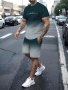 Men's Stylish Casual Crew Neck Sweatsuit Set - 100% Polyester Short Sleeve Two-Tone Design Slight Stretch Printed Pattern Knit Fabric Regular Fit Summer Sportswear