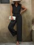Elegant Solid Color Pants Set V-neck Simple Tank Top & Belted Straight Leg Pants For Summer Women's Clothing