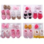 4PCS SET Baby Girls Princess Bow Decor Striped Flower Pattern Cotton Flip Socks & Flower Bow Decor Headband Set Sweet Mesh Socks