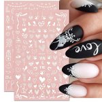 Valentines Nail Stickers White Black Heart Nail Art Sticker Decal Solid Hollow Heart 3D Self-adhesive Nail Design For Acylic Nai