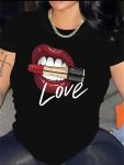 Women's Lipstick & Lip Print Casual Summer T-Shirt Crew Neck Short Sleeve Top Lightweight & Comfortable Style