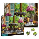 Larkipuzz Vintage Sewing Machine Puzzles For Adults 1000 Pieces Spring Stitch Flower Plant Garden Jigsaw Puzzles Colorful Beauti