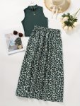 Casual Summer & Spring Skirt Set Solid Color Mock Neck Tank Top & Allover Print Elastic Waist Skirt Outfits Women's Clothing