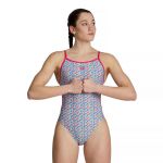 Arena Womens Starfish Lace Back Swimsuit Freak Rose White