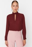 Stand Up Collar Woven Blouse - Plum
