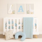 Cot Bedding Set Gingham Check Duck Goose Beige And Blue
