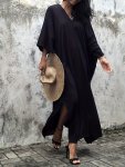 Plus Size Solid Loose Fit Maxi Dress Casual Long Sleeve V Neck Side Slit Kaftan Dress For Spring & Summer Women's Plus Size Clot