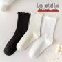 3 Pairs Solid Lettuce Trim Socks College Style Simple All-match Mid Tube Socks Women's Stockings & Hosiery