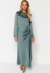 Khaki Shawl Detailed Satin Evening Dress