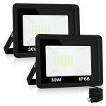 Swordforce 30W LED Flood Light Outdoor LED Work Light Floodlight Fixture With Plug In IP66 Waterproof 6500K 2 Pack Security Ligh