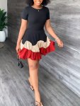 Color Block Pleated Dress Elegant Crew Neck Short Sleeve Summer Dress Women's Clothing