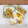 2PCS Oven Mitts Set Colorful Printed Heat Resistant Mitts Sunflower Pattern Heat Insulation Mat Microwave Oven Thickened Baking Oven Insulation Gloves Non-slip Grip Surfaces